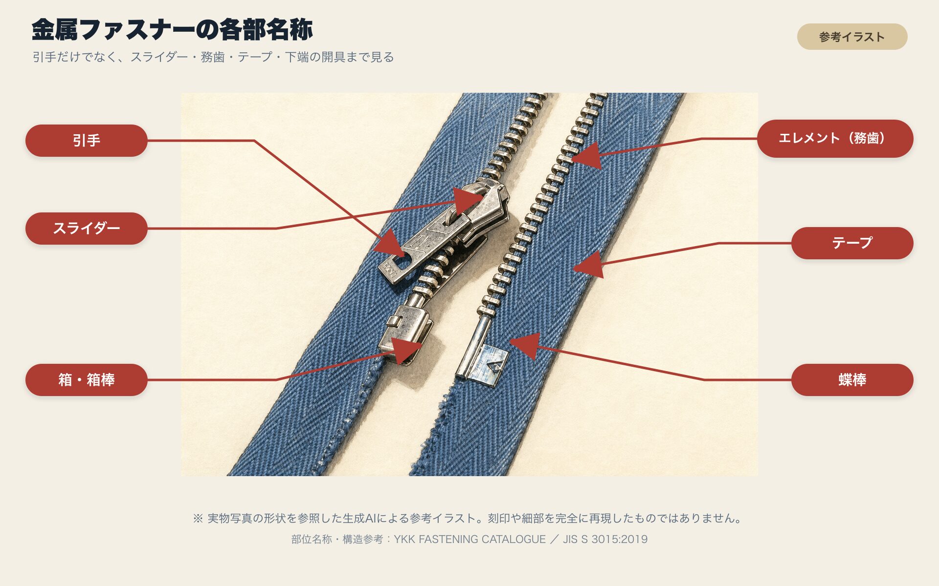 引手・スライダー・務歯・テープ・箱箱棒・蝶棒を矢印で示した金属ファスナー各部名称図